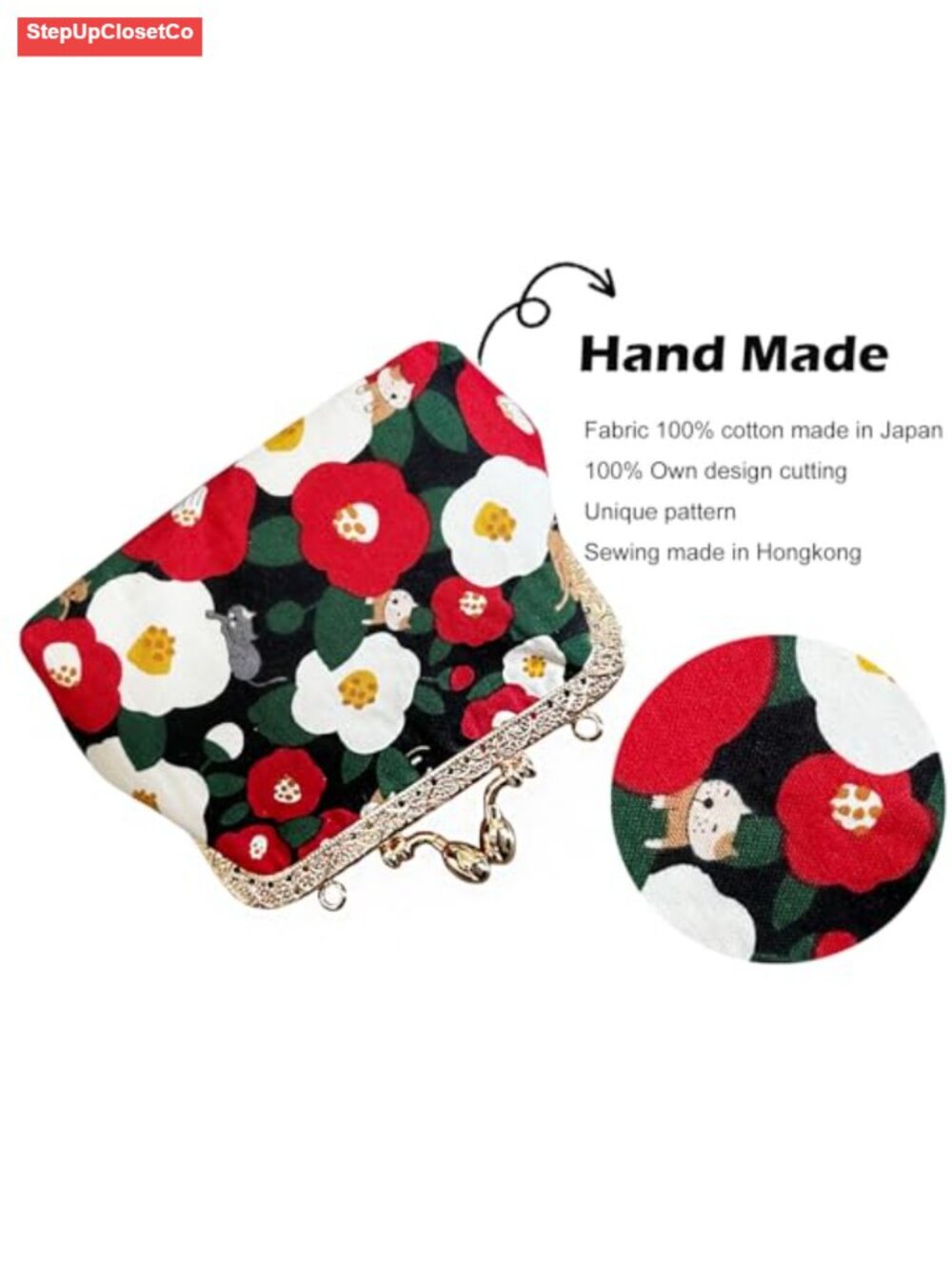 Vintage Floral Kiss Lock Clutch Handmade Japanese Cotton Coin Pouch Small Wallet - Picture 4 of 6